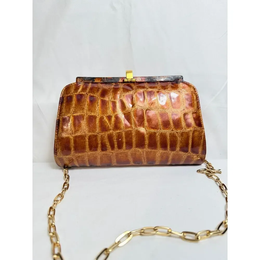 Vintage Ashneil Genuine Alligator Crocodile Clutch Purse Gold Alligator Clasp